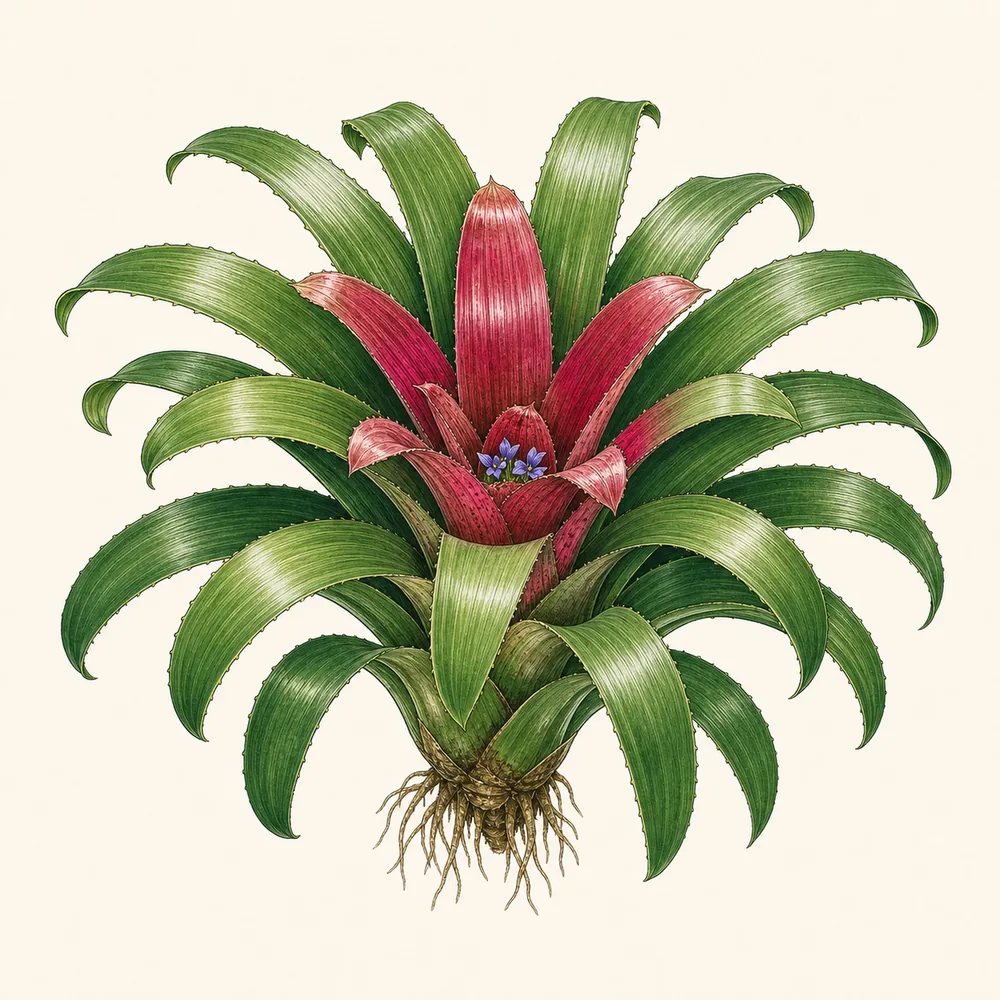 Botanical illustration of Blushing Bromeliad