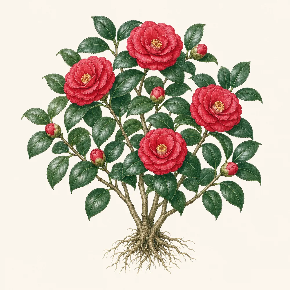 Botanical illustration of Camellia