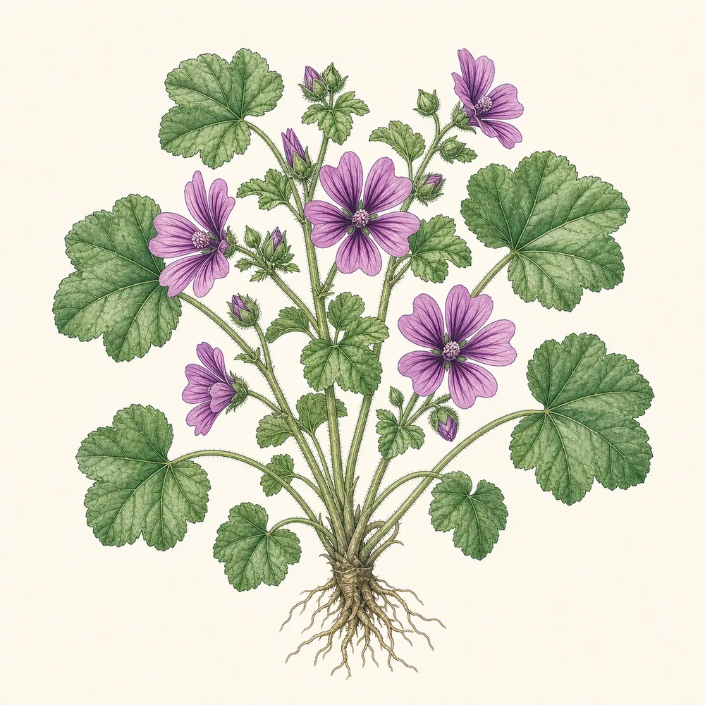 Botanical illustration of Common Mallow