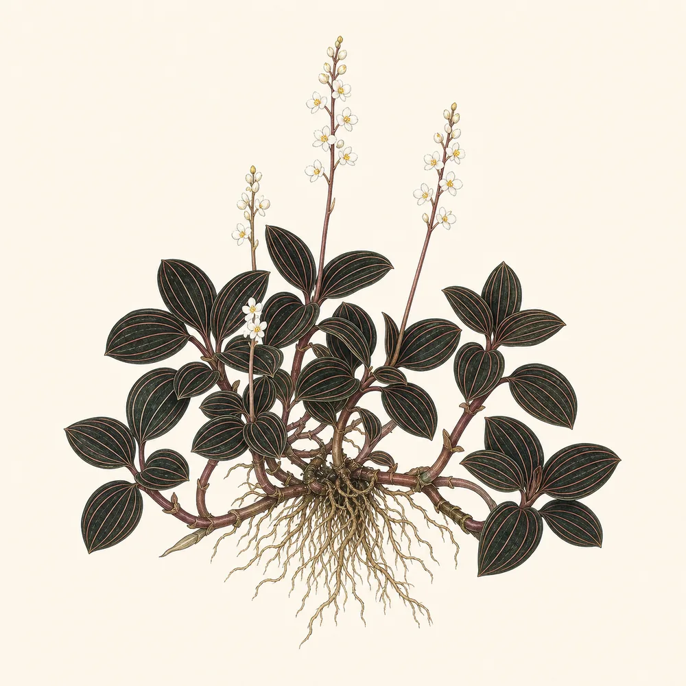 Botanical illustration of Jewel Orchid