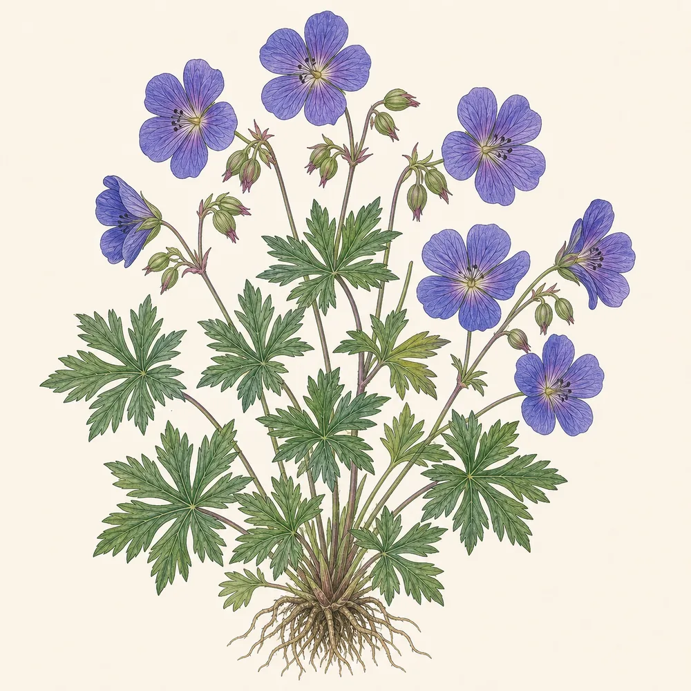 Botanical illustration of Meadow Cranesbill