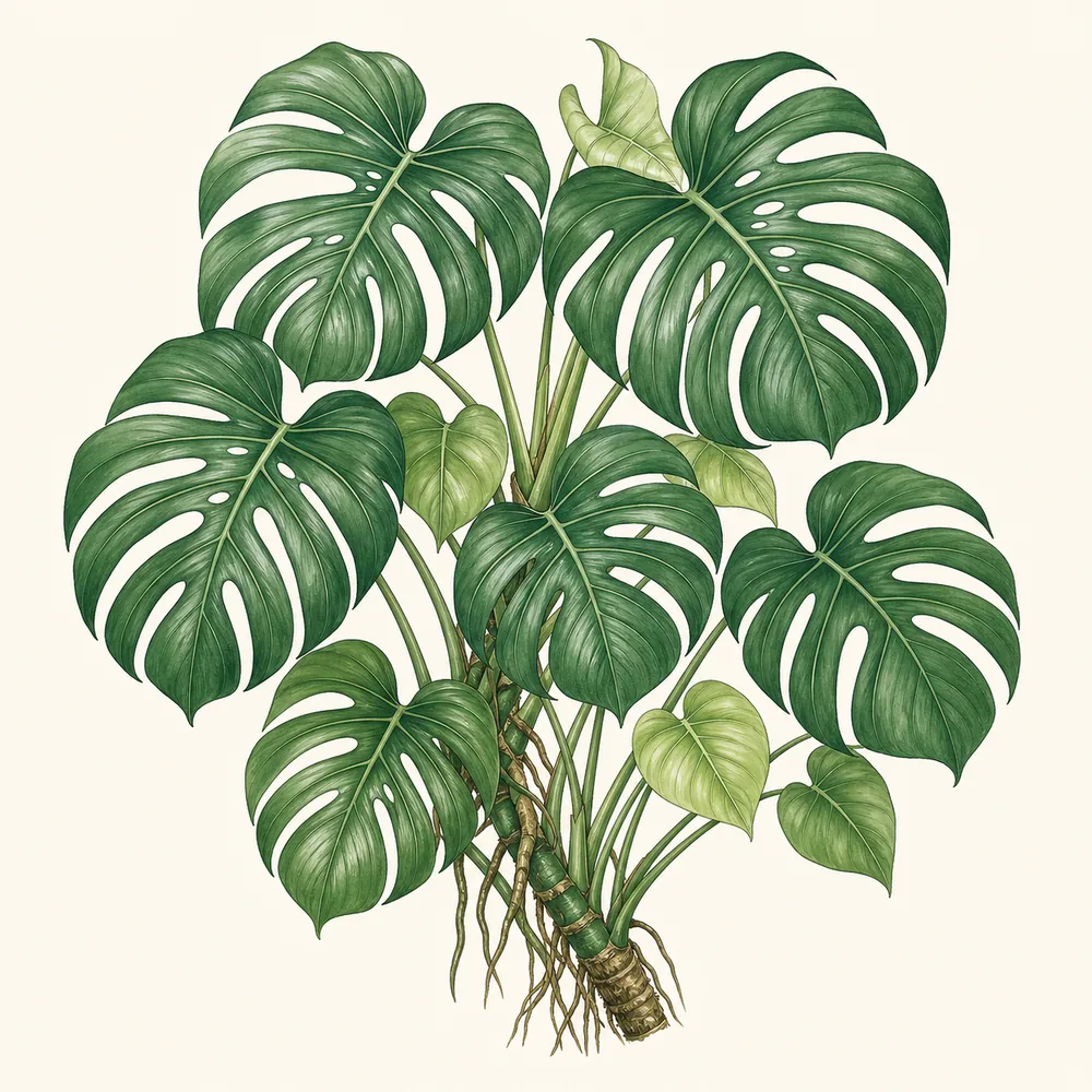 Botanical illustration of Swiss Cheese Plant