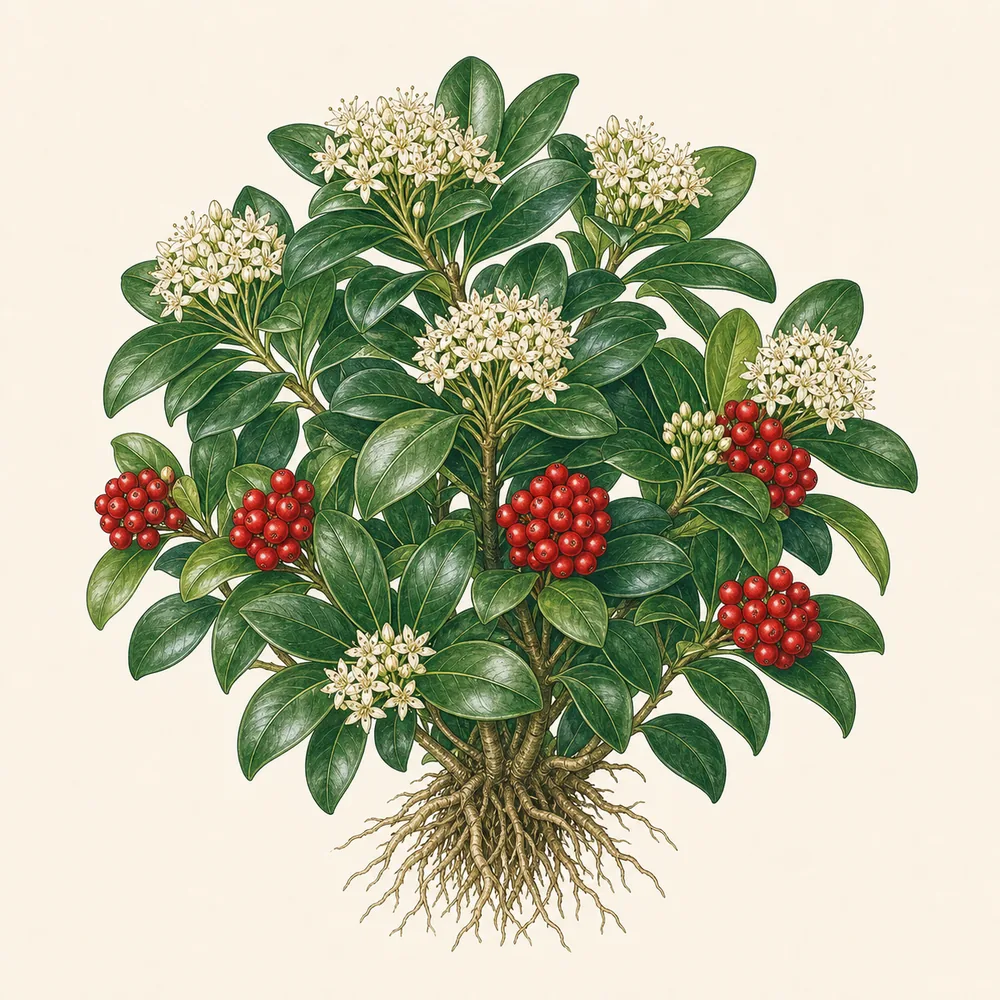 Botanical illustration of Skimmia