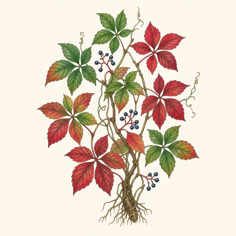 Botanical illustration of Virginia Creeper